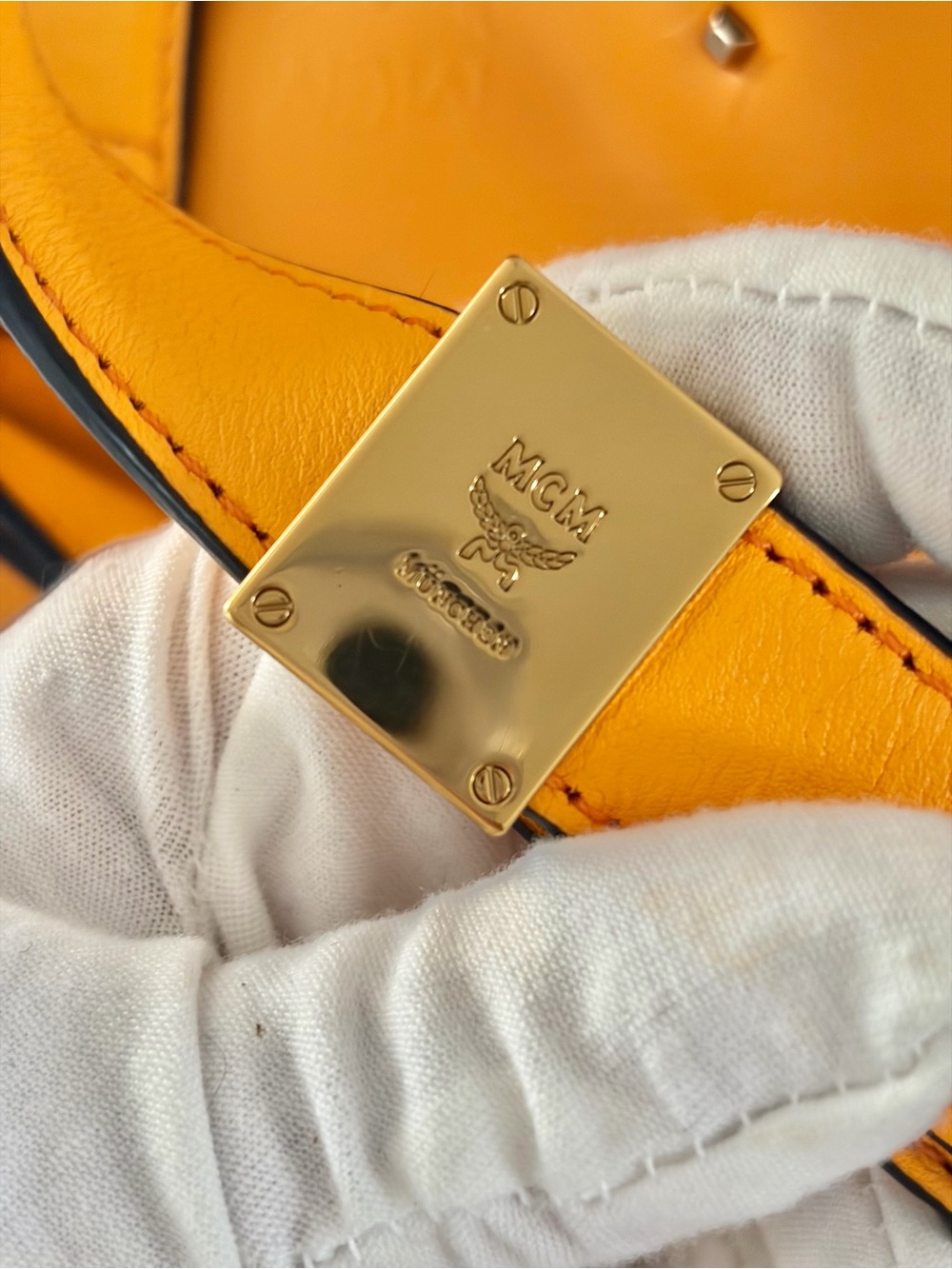 MCM Yellow Studded Leather Shoulder Bag with Pink MCM Wallet - Picture 5 of 16